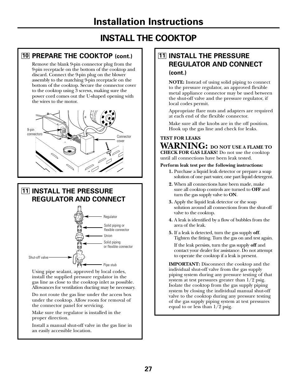 Installation instructions, Warning, Install the cooktop | Prepare the cooktop, 27 install the pressure regulator and connect, Install the pressure regulator and connect | GE JGP985 User Manual | Page 27 / 80