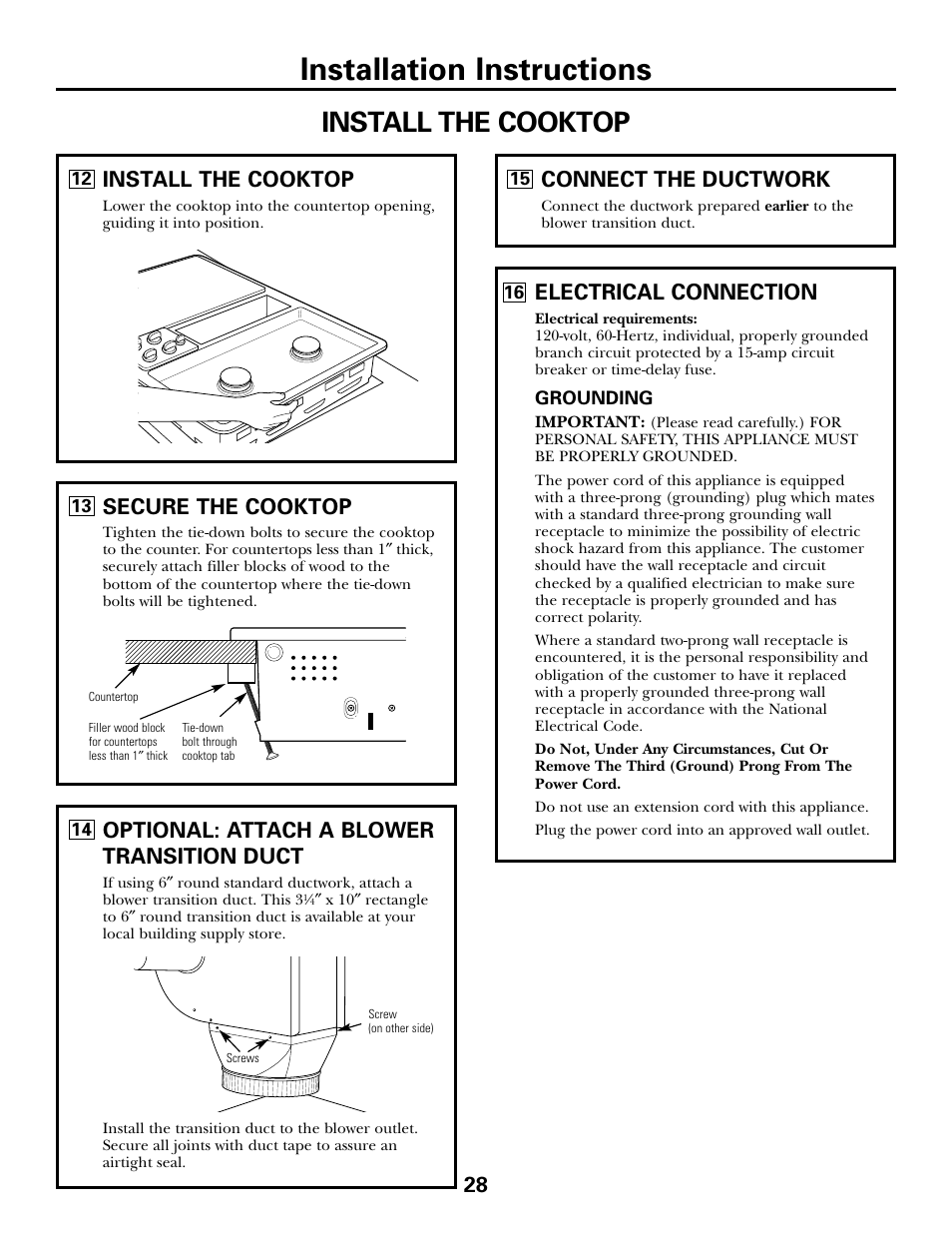 Installation instructions, Install the cooktop, Electrical connection | Secure the cooktop, Optional: attach a blower transition duct, 28 connect the ductwork | GE JGP985 User Manual | Page 28 / 80