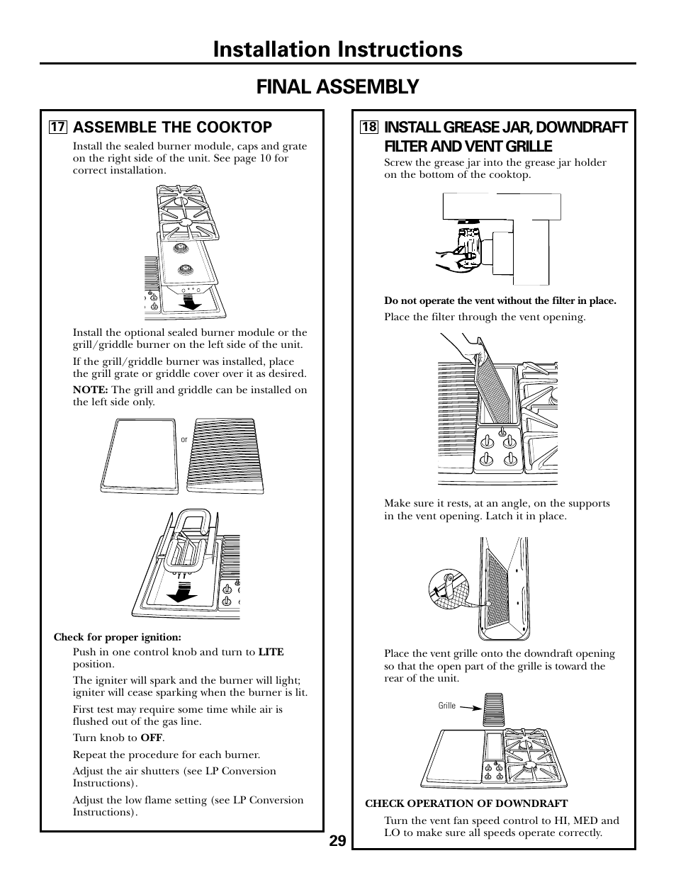 Installation instructions, Final assembly, Assemble the cooktop | GE JGP985 User Manual | Page 29 / 80