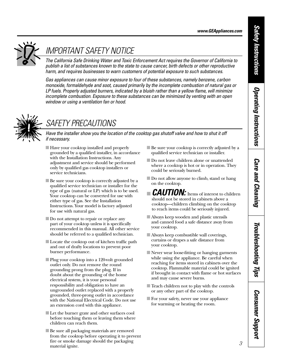 Important safety notice, Caution, Safety precautions | GE JGP985 User Manual | Page 3 / 80