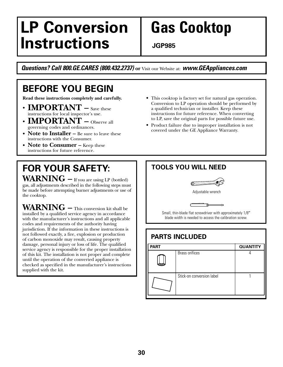 Lp conversion, Lp conversion gas cooktop instructions, Before you begin | For your safety, Important, Warning | GE JGP985 User Manual | Page 30 / 80