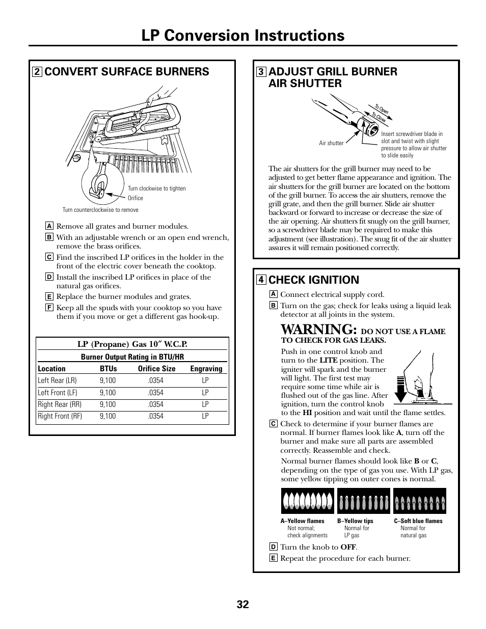 Lp conversion instructions, Warning, Convert surface burners | Adjust grill burner air shutter, Check ignition | GE JGP985 User Manual | Page 32 / 80