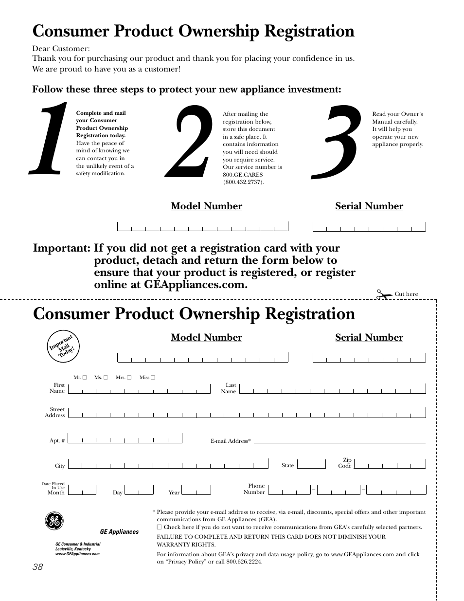 Consumer product ownership registration, Model number serial number | GE JGP985 User Manual | Page 38 / 80