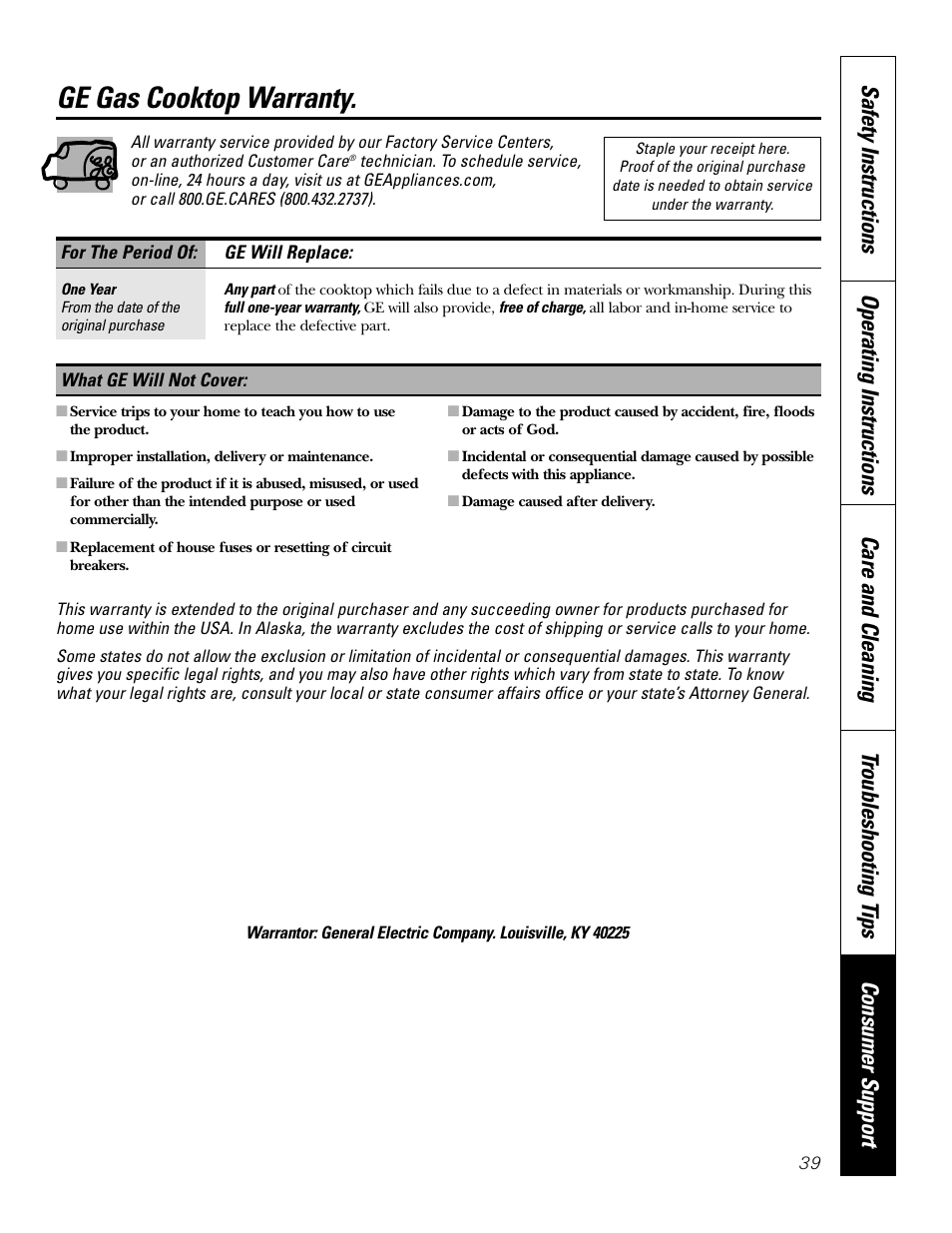 Warranty, Ge gas cooktop warranty | GE JGP985 User Manual | Page 39 / 80