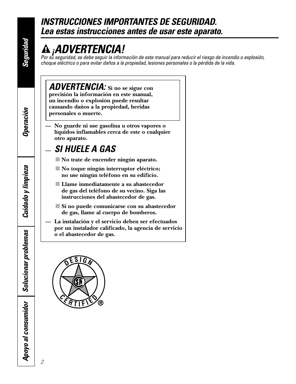 Instrucciones importantes de seguridad, Si huele a gas, Advertencia | GE JGP985 User Manual | Page 42 / 80