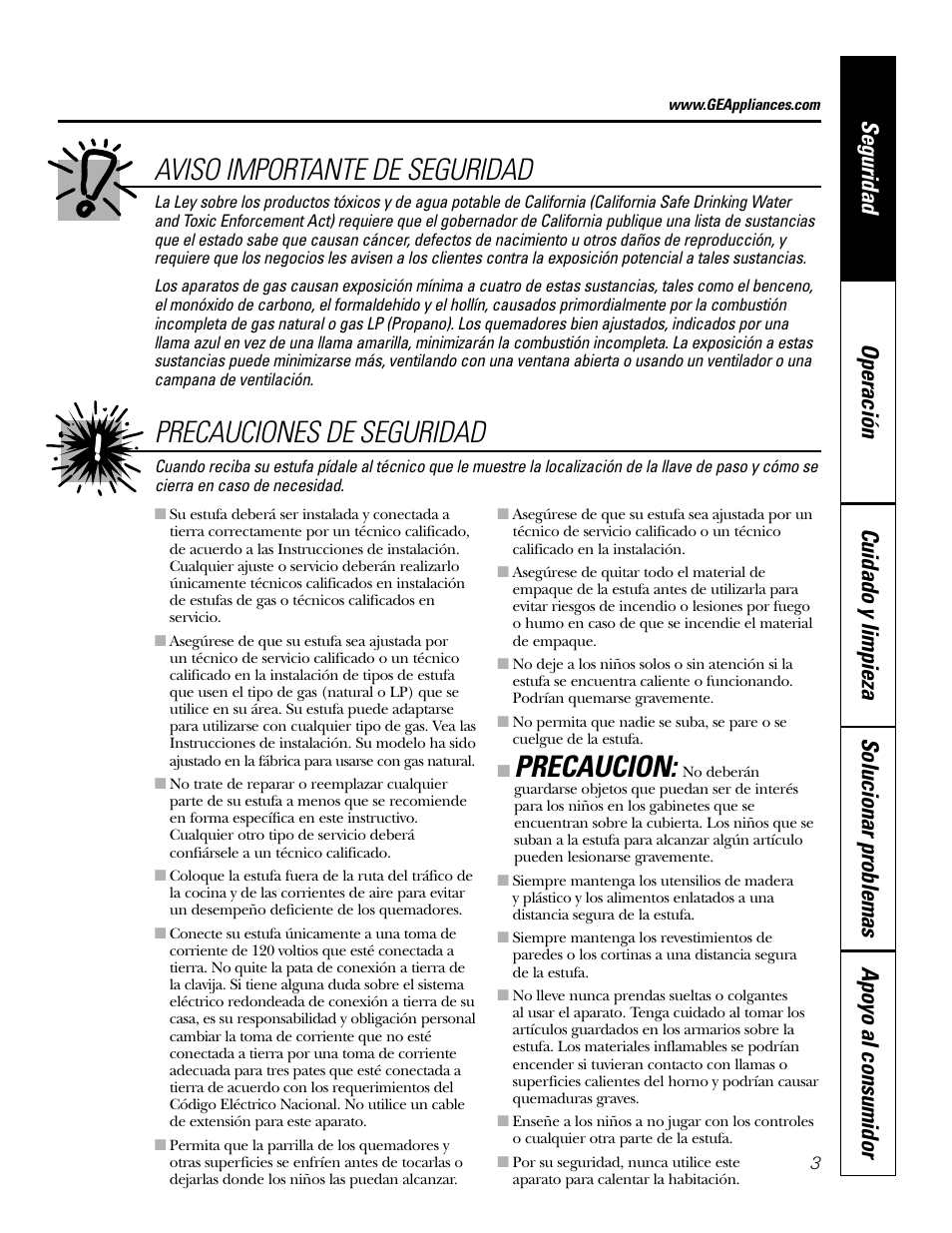 Aviso importante de seguridad, Precaucion, Precauciones de seguridad | GE JGP985 User Manual | Page 43 / 80