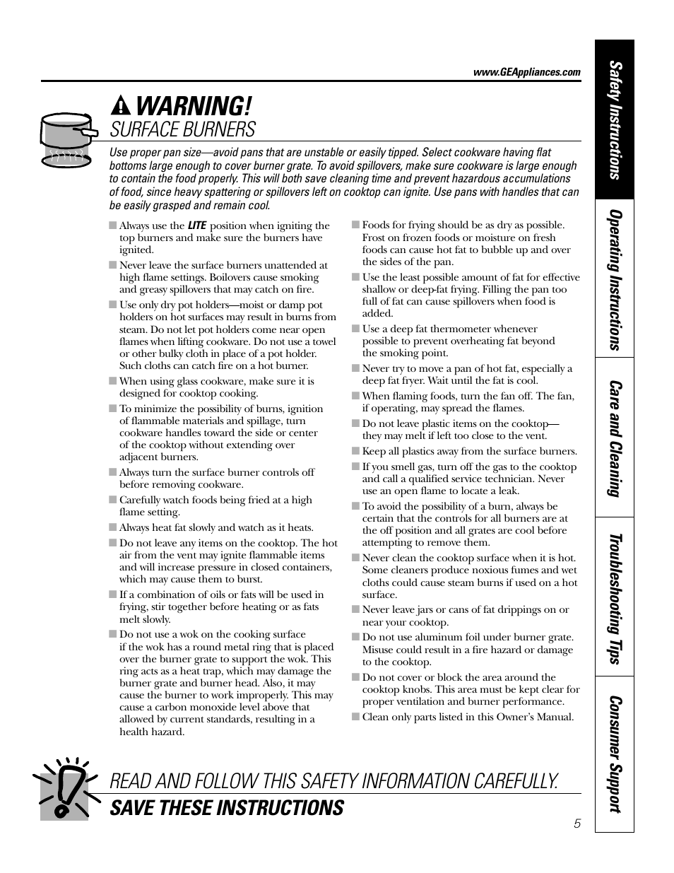 Warning, Surface burners | GE JGP985 User Manual | Page 5 / 80