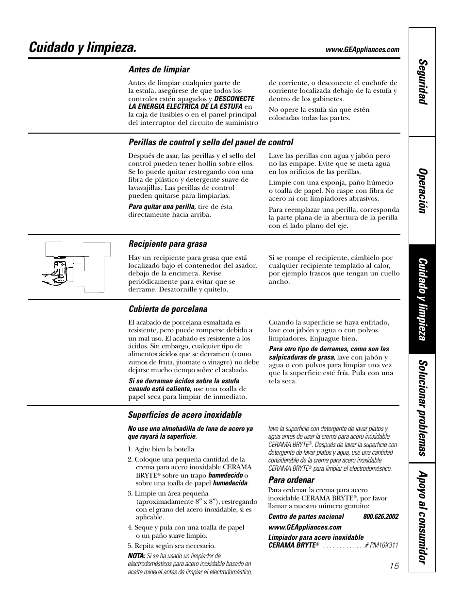 Cubierta de porcelana, Perillas de control y sello del panel de control, Recipiente para grasa | Superficies de acero inoxidable, Cuidado y limpieza | GE JGP985 User Manual | Page 55 / 80