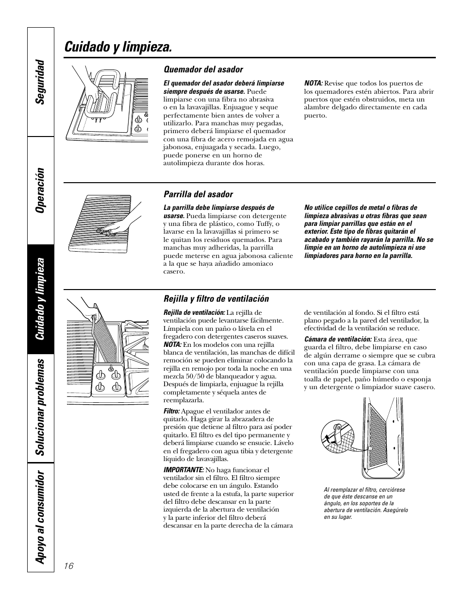 Parrilla del asador, Quemador del asador, Rejilla y filtro de ventilación | Cuidado y limpieza | GE JGP985 User Manual | Page 56 / 80