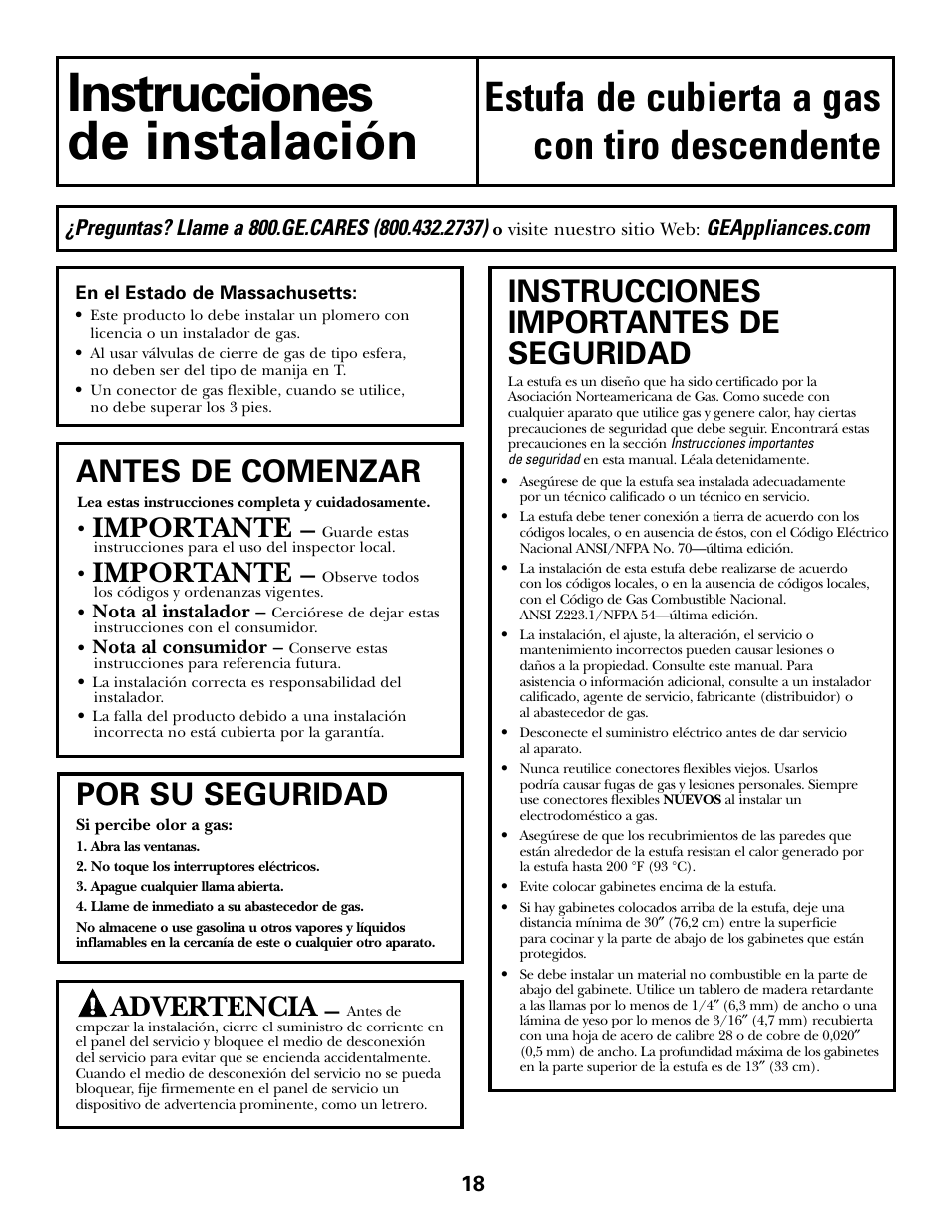 Instrucciones de instalación, Instrucciones, De instalación | Estufa de cubierta a gas, Con tiro descendente, Instrucciones importantes de seguridad, Por su seguridad, Antes de comenzar, Importante, Advertencia | GE JGP985 User Manual | Page 58 / 80