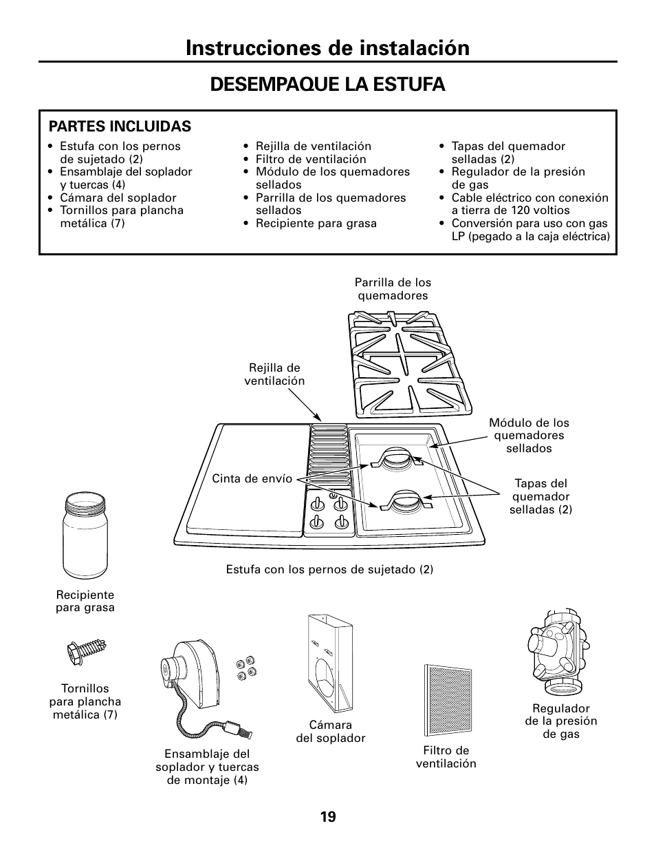 Instrucciones de instalación, Desempaque la estufa | GE JGP985 User Manual | Page 59 / 80