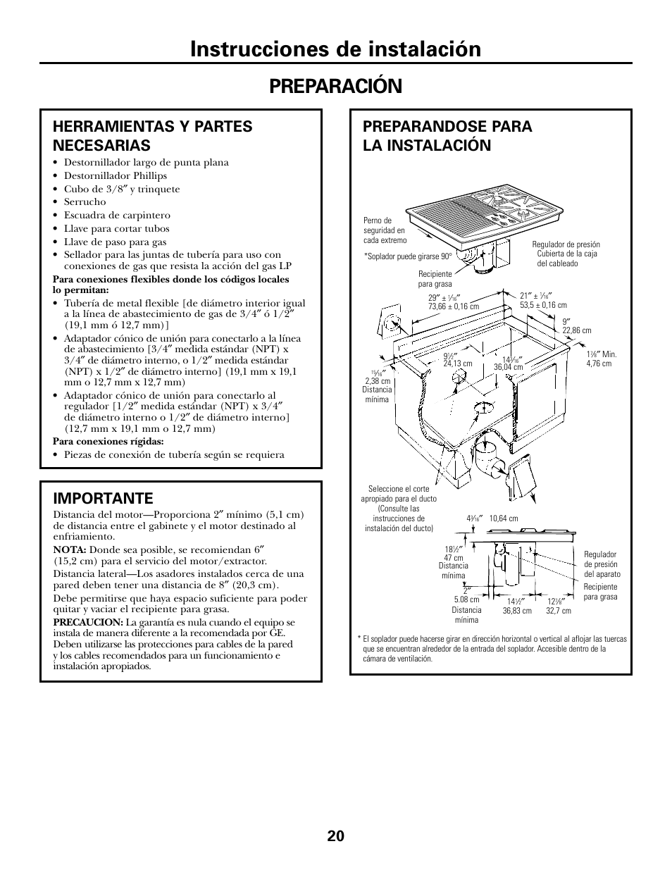 Instrucciones de instalación, Preparación, Preparandose para la instalación | Herramientas y partes necesarias, Importante | GE JGP985 User Manual | Page 60 / 80