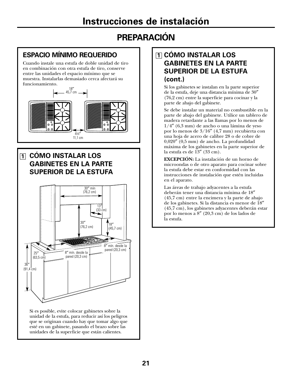 Instrucciones de instalación, Preparación, Espacio mínimo requerido | GE JGP985 User Manual | Page 61 / 80