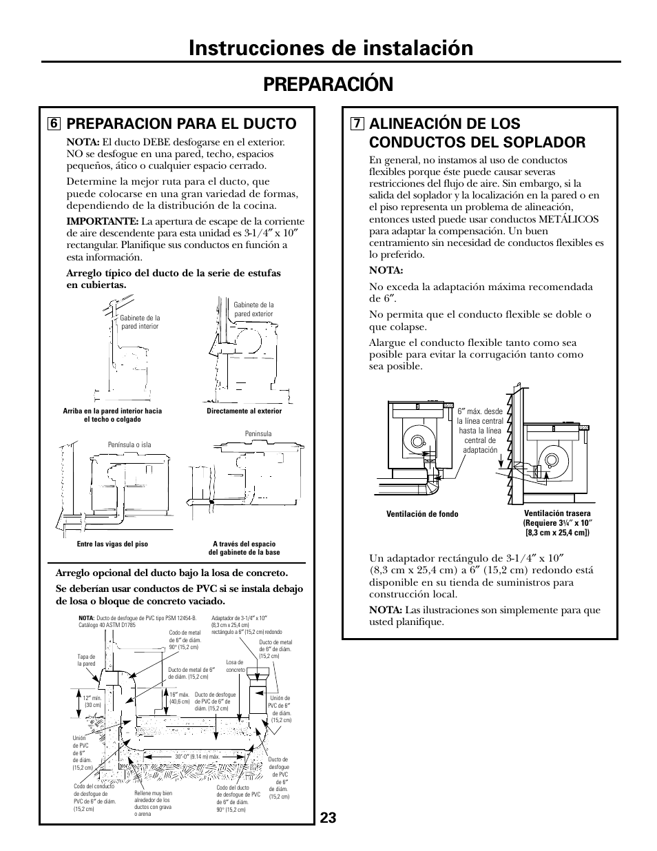 Instrucciones de instalación, Preparación, Preparacion para el ducto | 23 alineación de los conductos del soplador | GE JGP985 User Manual | Page 63 / 80