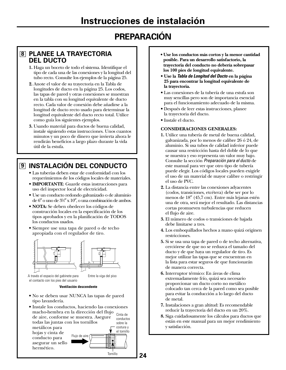 Instrucciones de instalación, Preparación, Instalación del conducto | Planee la trayectoria del ducto | GE JGP985 User Manual | Page 64 / 80