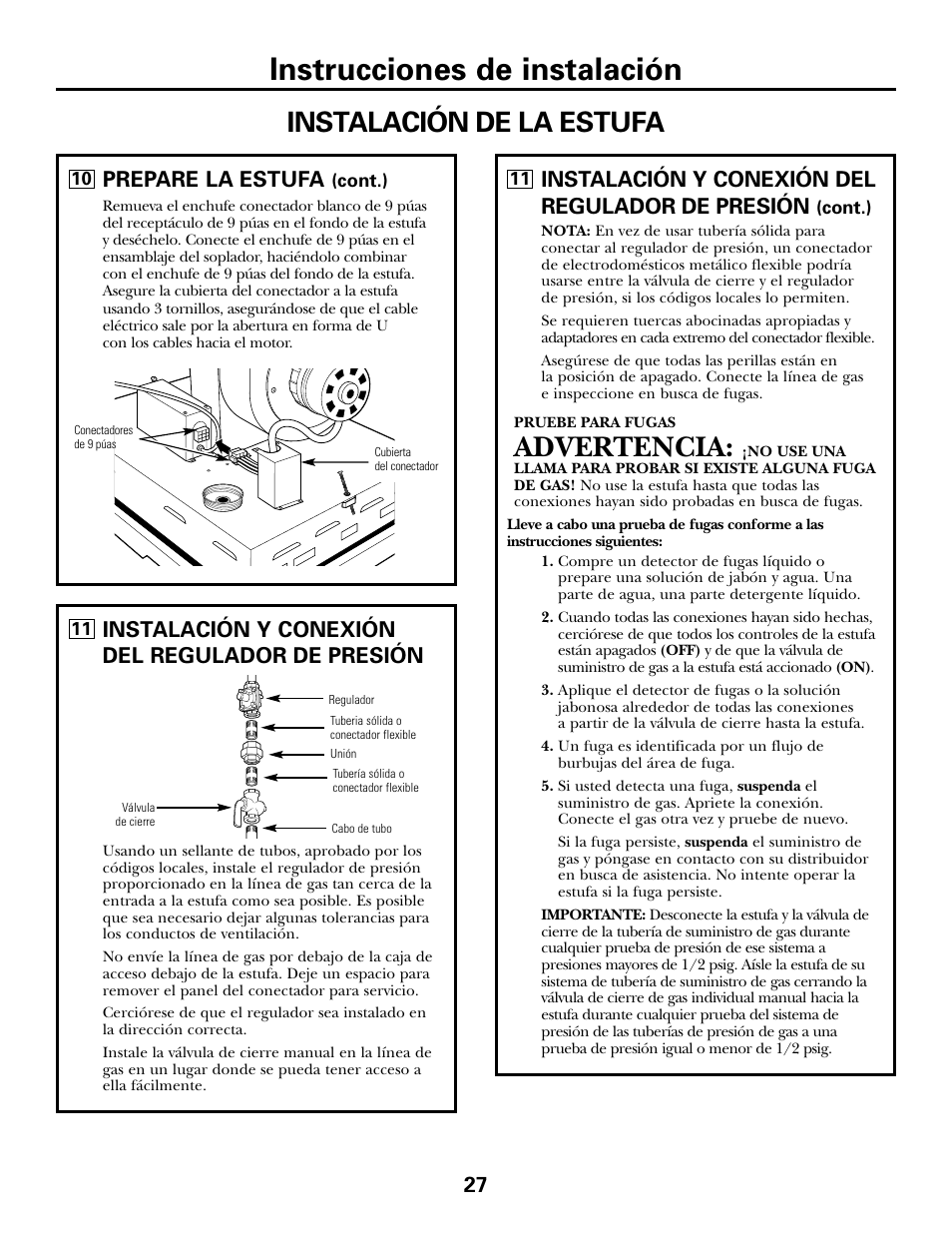Instrucciones de instalación, Advertencia, Instalación de la estufa | Prepare la estufa, 27 instalación y conexión del regulador de presión, Instalación y conexión del regulador de presión | GE JGP985 User Manual | Page 67 / 80