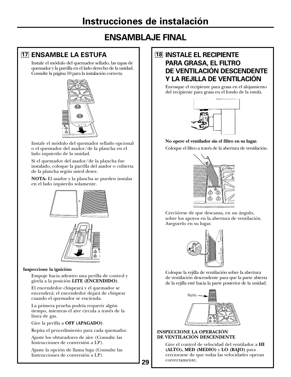 Instrucciones de instalación, Ensamblaje final, Ensamble la estufa | GE JGP985 User Manual | Page 69 / 80