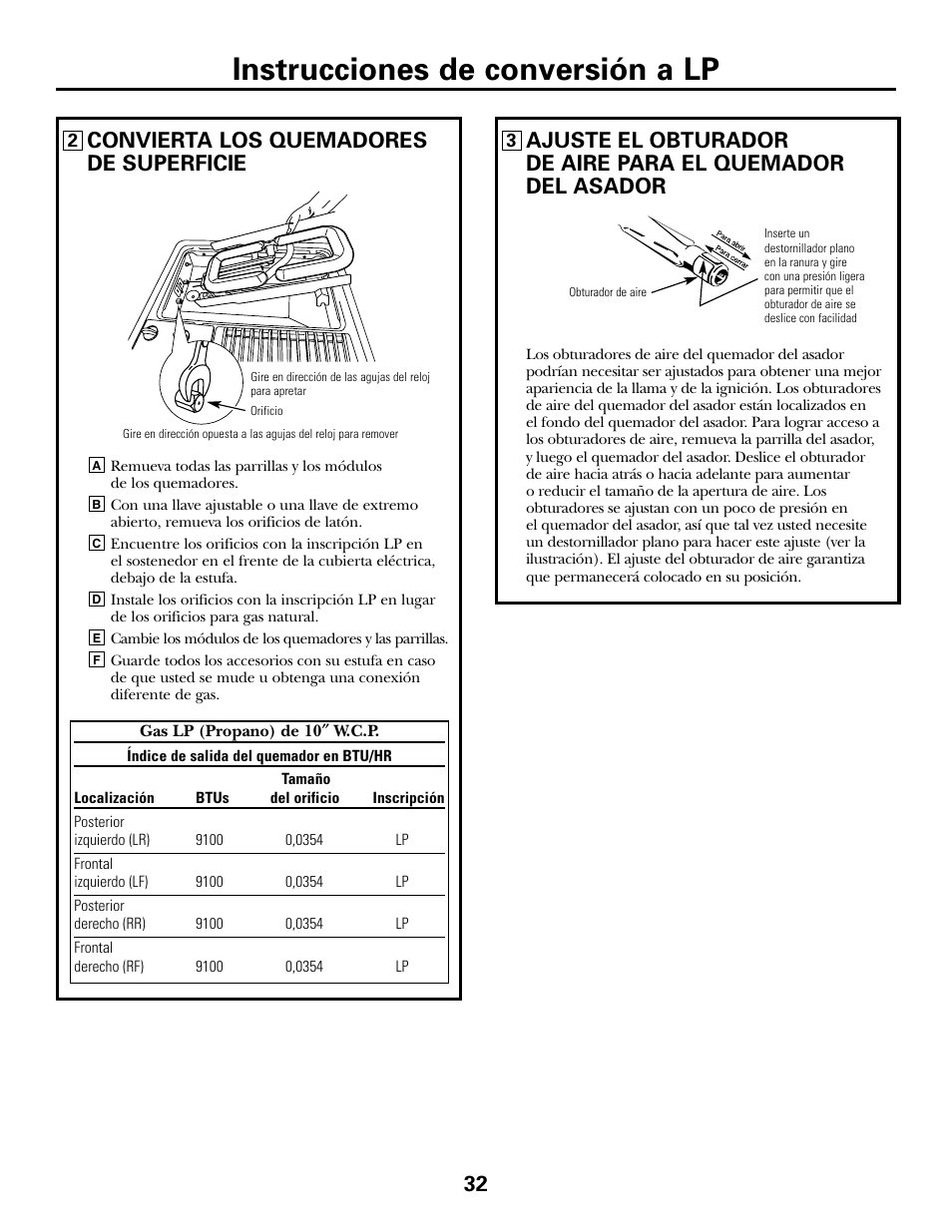 Instrucciones de conversión a lp, Convierta los quemadores de superficie | GE JGP985 User Manual | Page 72 / 80