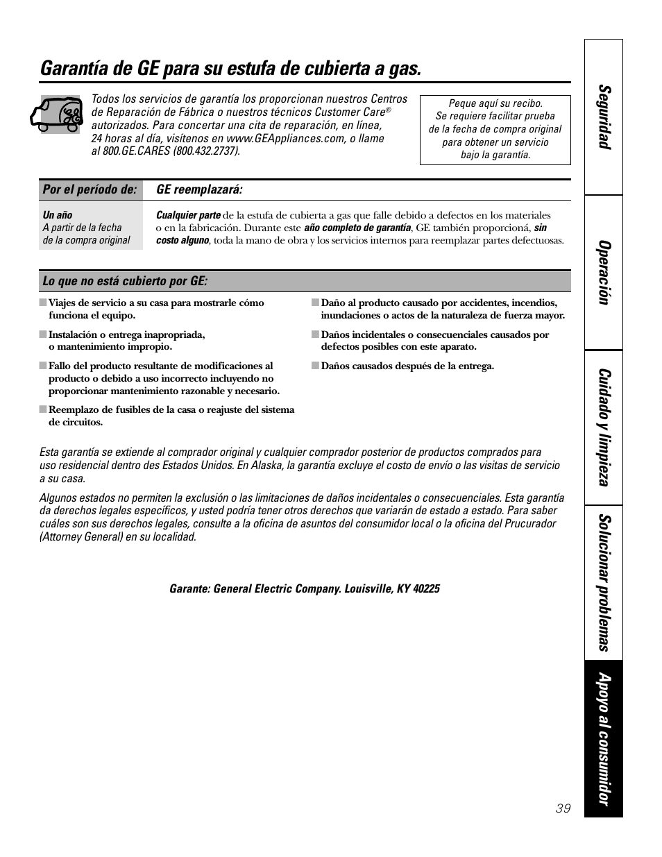 Garantía, Garantía de ge para su estufa de cubierta a gas | GE JGP985 User Manual | Page 79 / 80