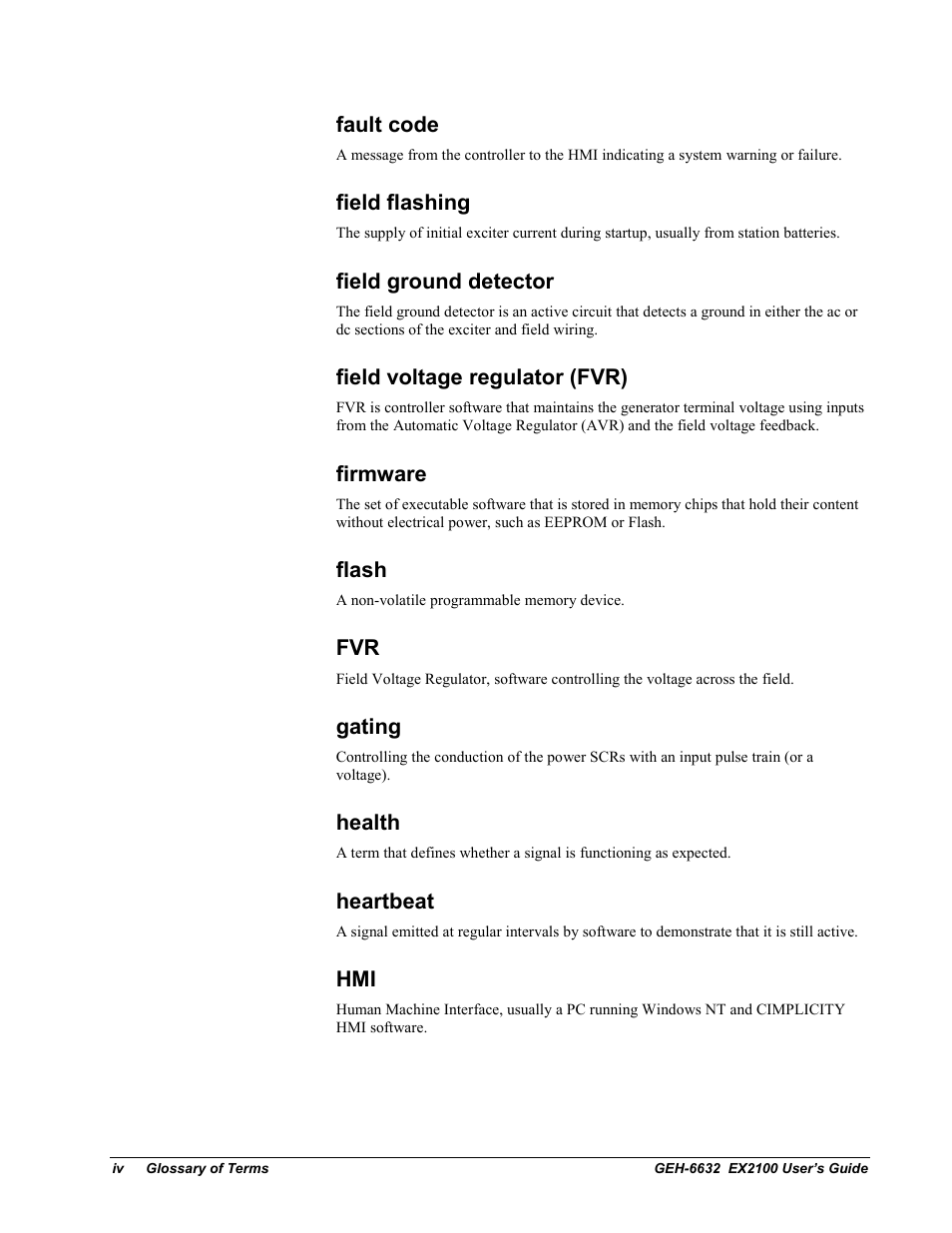 Fault code, Field flashing, Field ground detector | Field voltage regulator (fvr), Firmware, Flash, Gating, Health, Heartbeat | GE EX2100 User Manual | Page 106 / 118