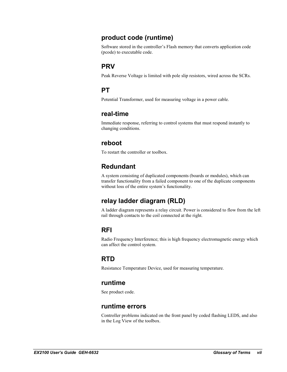 Product code (runtime), Real-time, Reboot | Redundant, Relay ladder diagram (rld), Runtime, Runtime errors | GE EX2100 User Manual | Page 109 / 118