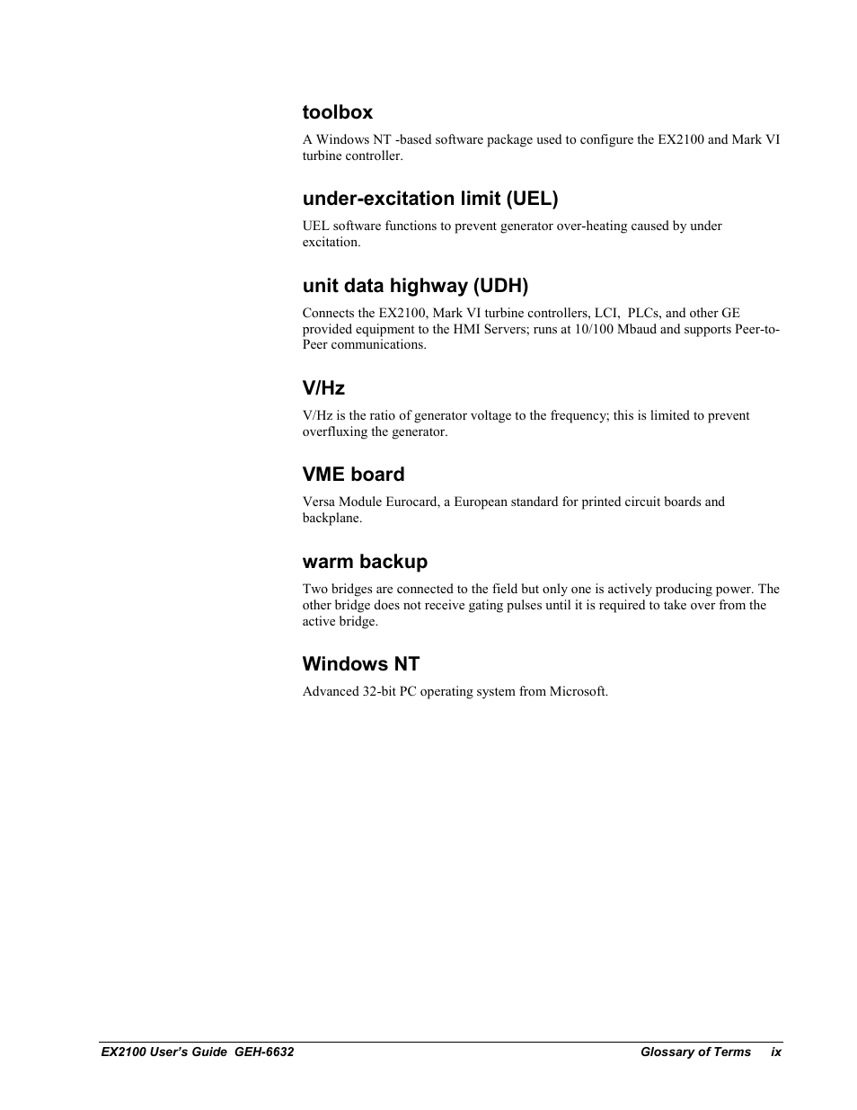 Toolbox, Under-excitation limit (uel), Unit data highway (udh) | V/hz, Vme board, Warm backup, Windows nt | GE EX2100 User Manual | Page 111 / 118