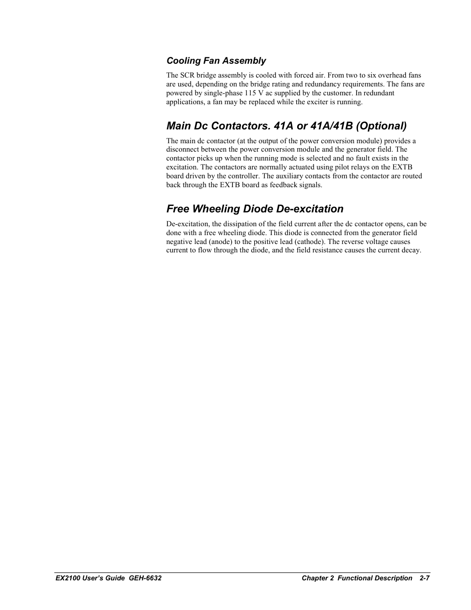 Main dc contactors. 41a or 41a/41b (optional), Free wheeling diode de-excitation | GE EX2100 User Manual | Page 27 / 118