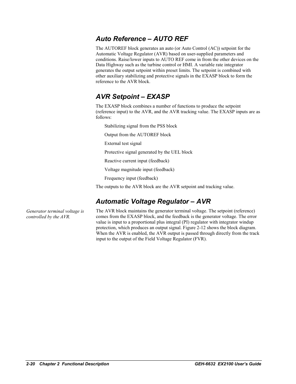 Auto reference – auto ref, Avr setpoint – exasp, Automatic voltage regulator – avr | GE EX2100 User Manual | Page 40 / 118