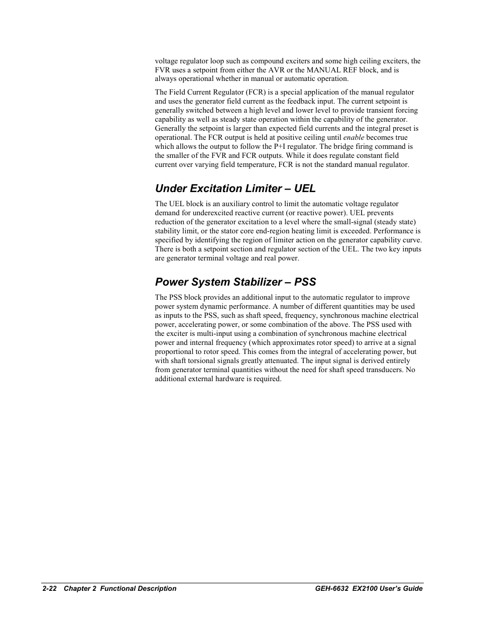 Under excitation limiter – uel, Power system stabilizer – pss | GE EX2100 User Manual | Page 42 / 118