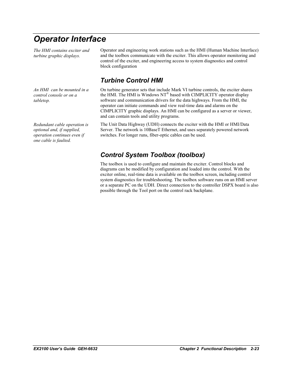 Operator interface, Turbine control hmi, Control system toolbox (toolbox) | GE EX2100 User Manual | Page 43 / 118