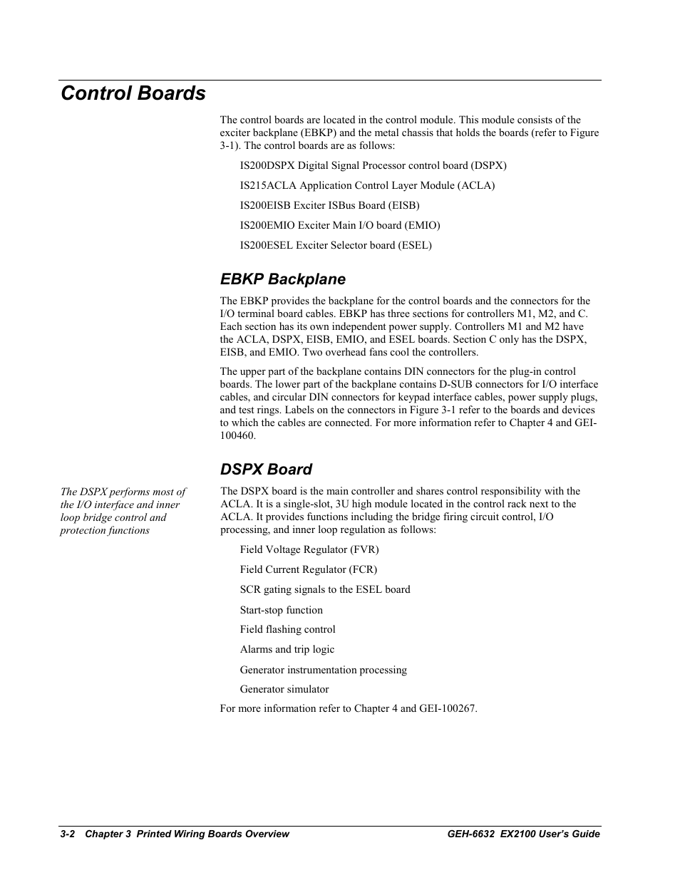 Control boards, Ebkp backplane, Dspx board | GE EX2100 User Manual | Page 46 / 118