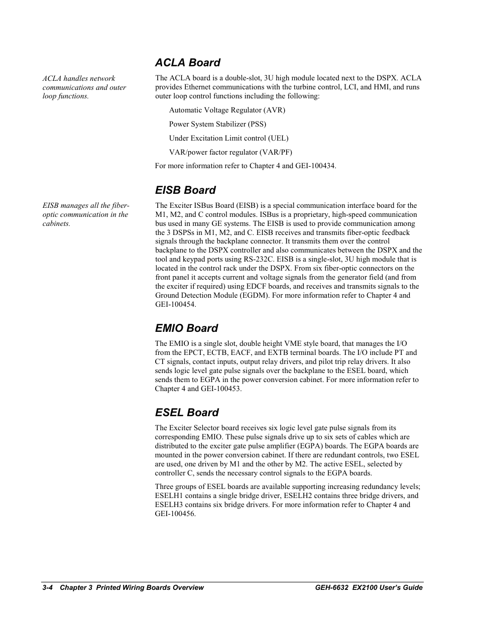 Acla board, Eisb board, Emio board | Esel board | GE EX2100 User Manual | Page 48 / 118