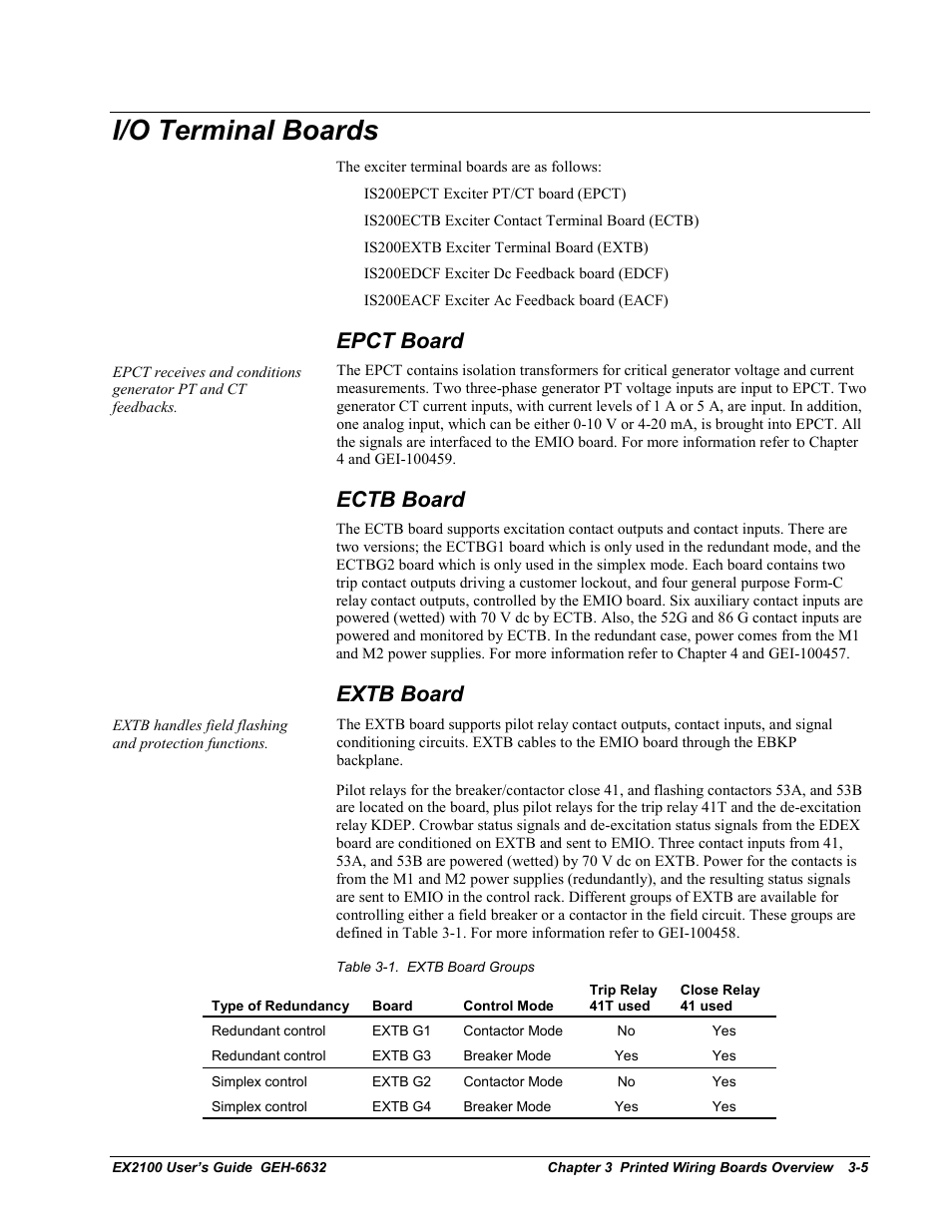 I/o terminal boards, Epct board, Ectb board | Extb board | GE EX2100 User Manual | Page 49 / 118