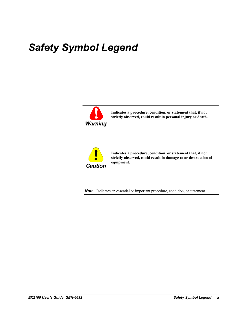 Safety symbol legend | GE EX2100 User Manual | Page 5 / 118