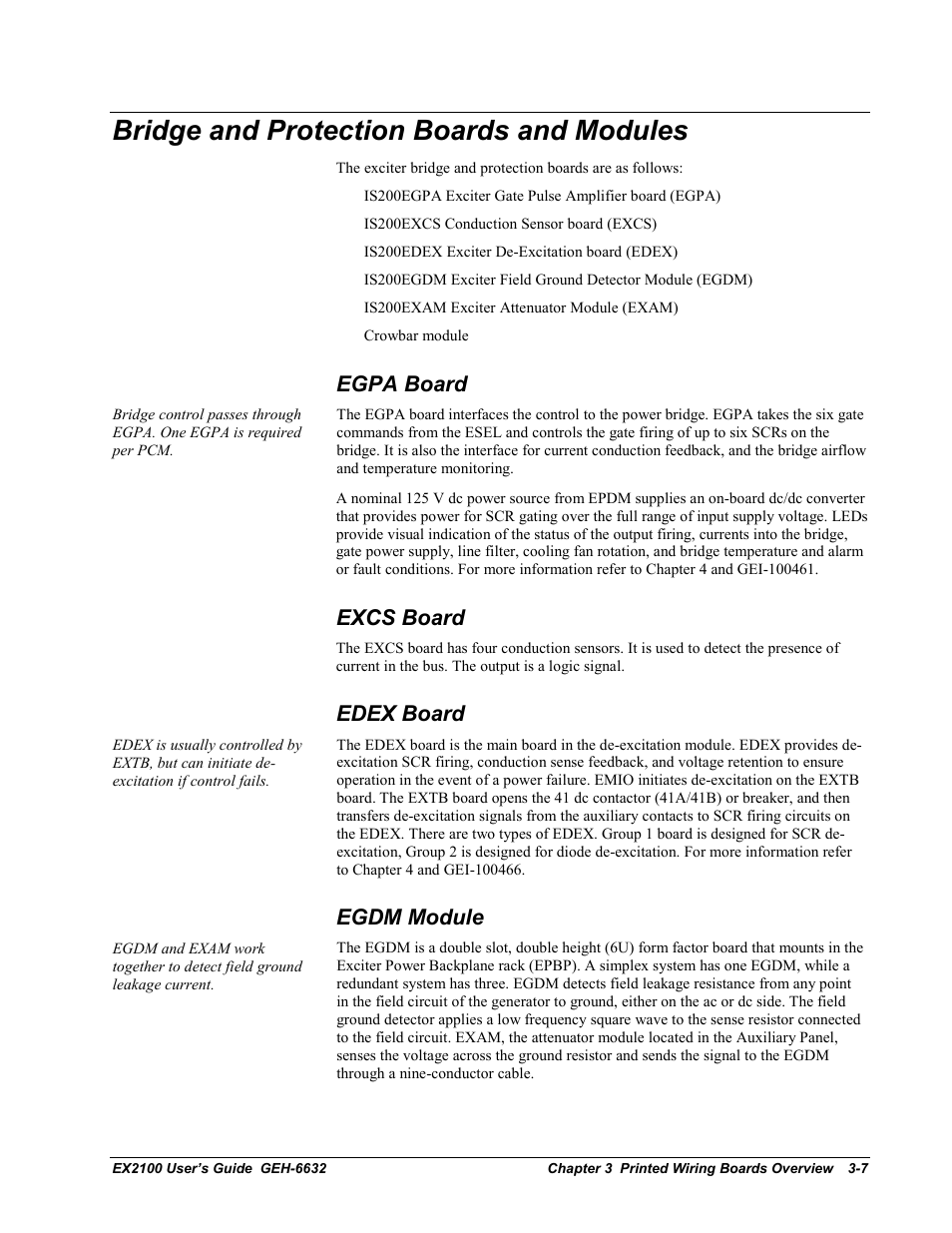 Bridge and protection boards and modules, Egpa board, Excs board | Edex board, Egdm module | GE EX2100 User Manual | Page 51 / 118