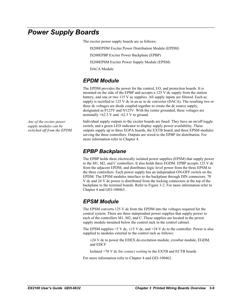 Power supply boards, Epdm module, Epbp backplane | Epsm module | GE EX2100 User Manual | Page 53 / 118