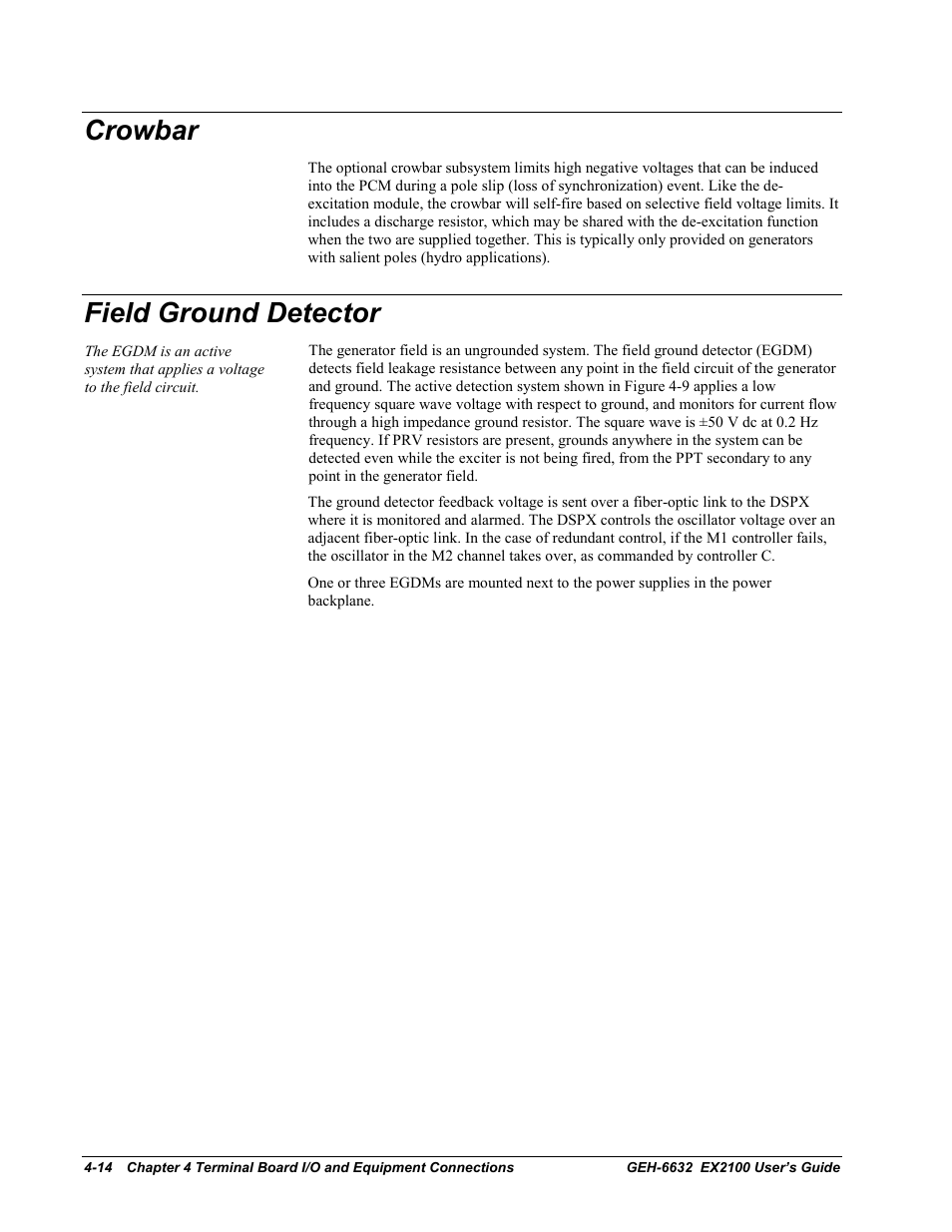 Crowbar, Field ground detector | GE EX2100 User Manual | Page 70 / 118