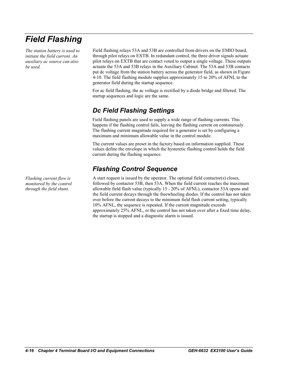 Field flashing, Dc field flashing settings, Flashing control sequence | GE EX2100 User Manual | Page 72 / 118