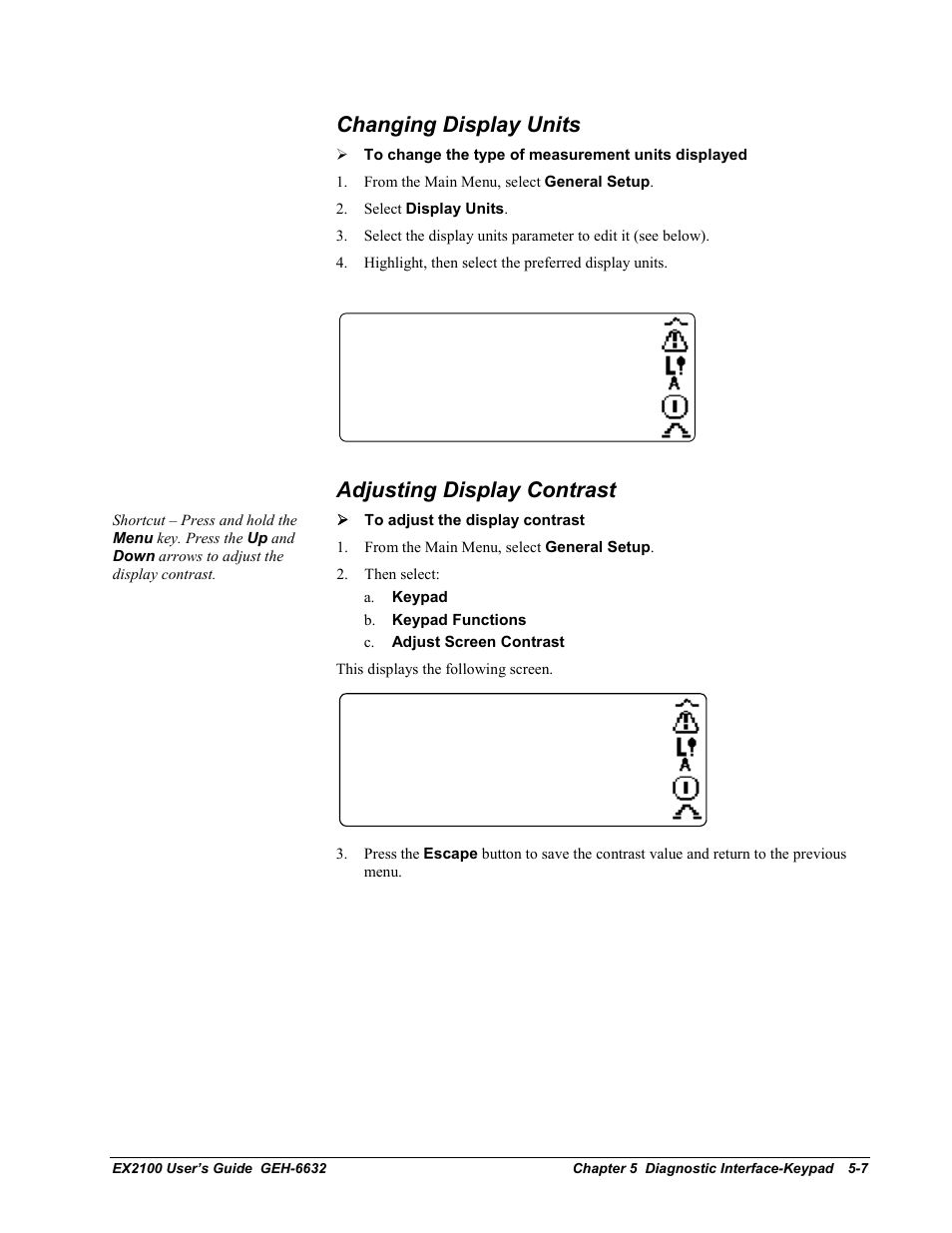 Changing display units, Adjusting display contrast | GE EX2100 User Manual | Page 83 / 118