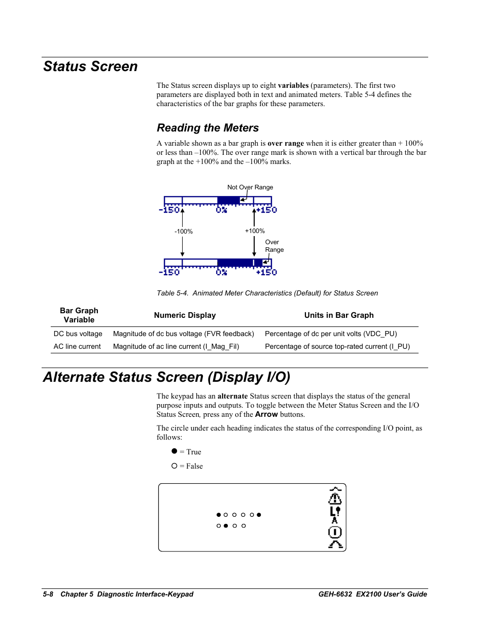 Status screen, Reading the meters, Alternate status screen (display i/o) | GE EX2100 User Manual | Page 84 / 118