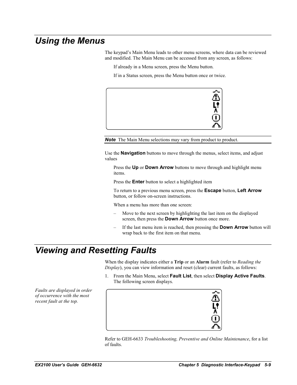 Using the menus, Viewing and resetting faults | GE EX2100 User Manual | Page 85 / 118