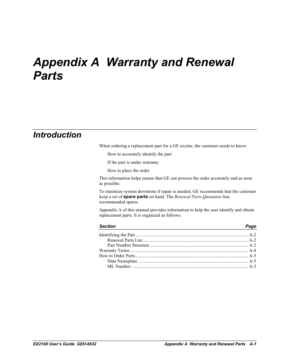 Appendix a warranty and renewal parts, Introduction | GE EX2100 User Manual | Page 93 / 118