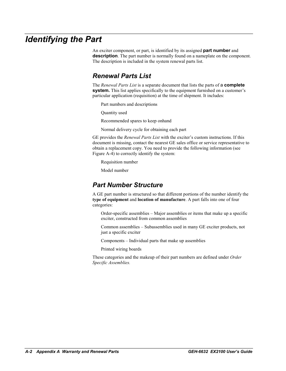 Identifying the part, Renewal parts list, Part number structure | GE EX2100 User Manual | Page 94 / 118