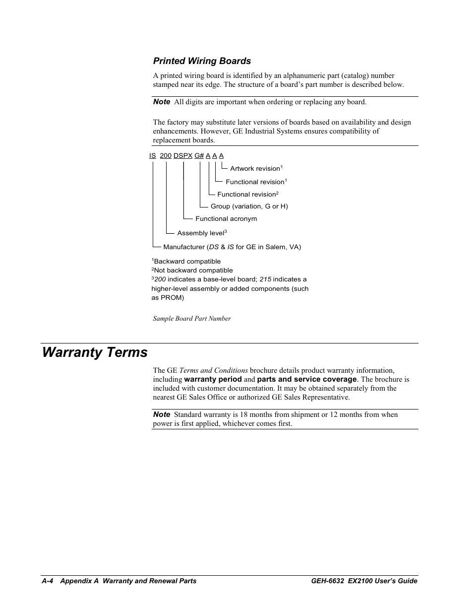 Warranty terms, Printed wiring boards | GE EX2100 User Manual | Page 96 / 118