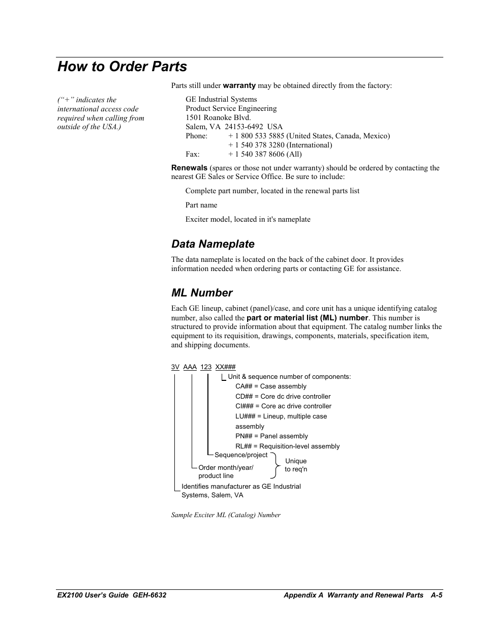 How to order parts, Data nameplate, Ml number | GE EX2100 User Manual | Page 97 / 118