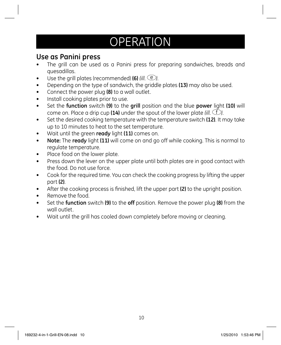 Operation, Use as panini press | GE 681131692328 User Manual | Page 10 / 26