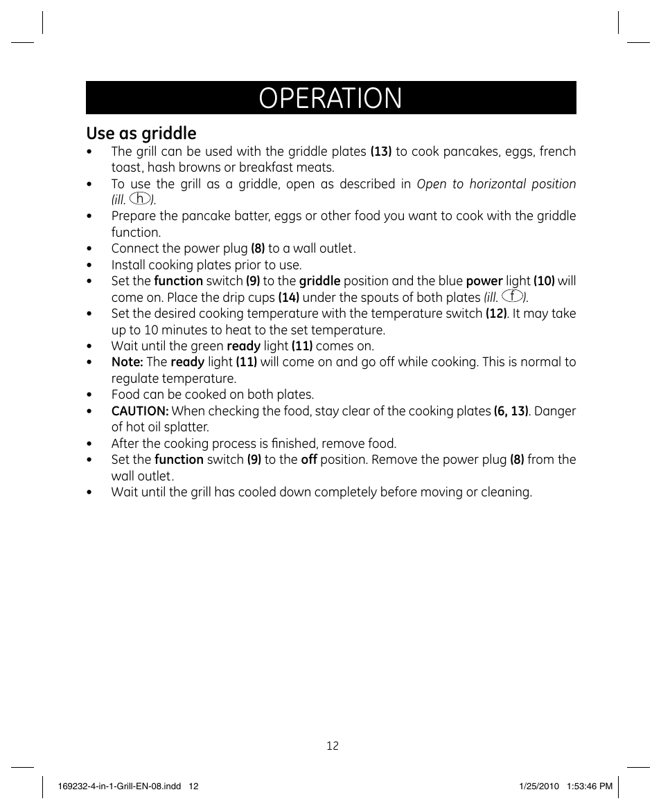 Operation, Use as griddle | GE 681131692328 User Manual | Page 12 / 26