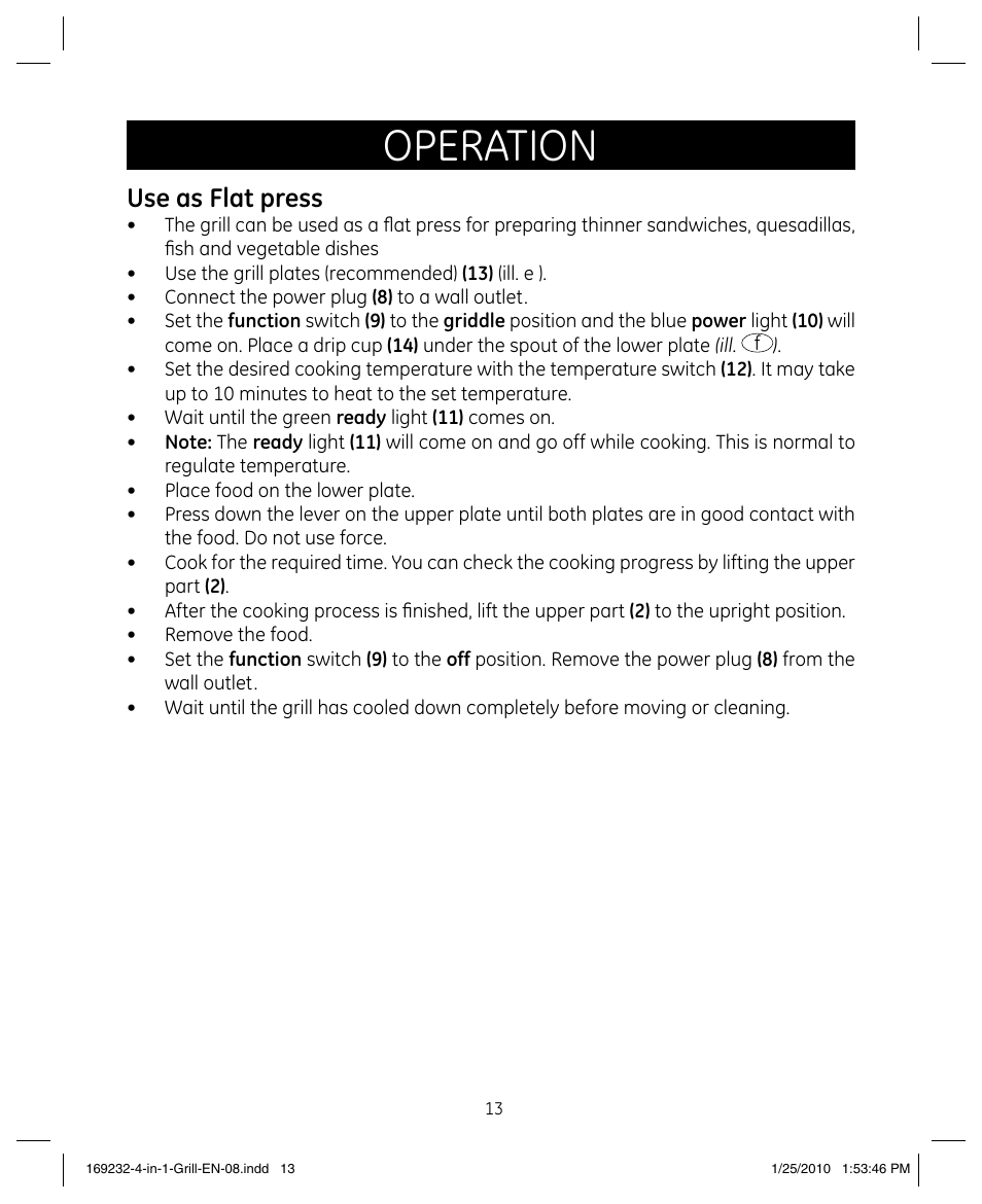 Operation, Use as flat press | GE 681131692328 User Manual | Page 13 / 26