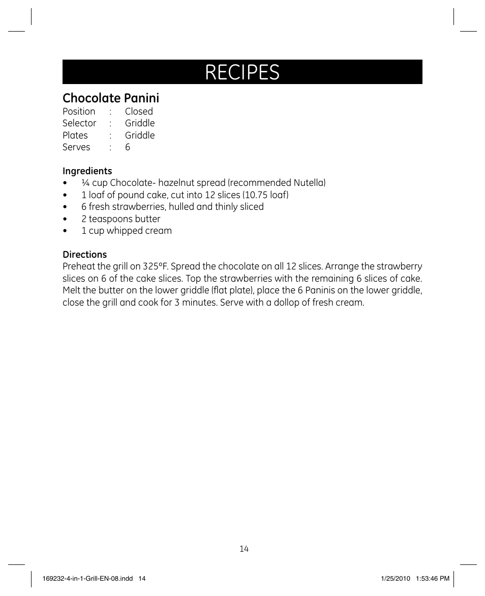 Recipes, Chocolate panini | GE 681131692328 User Manual | Page 14 / 26