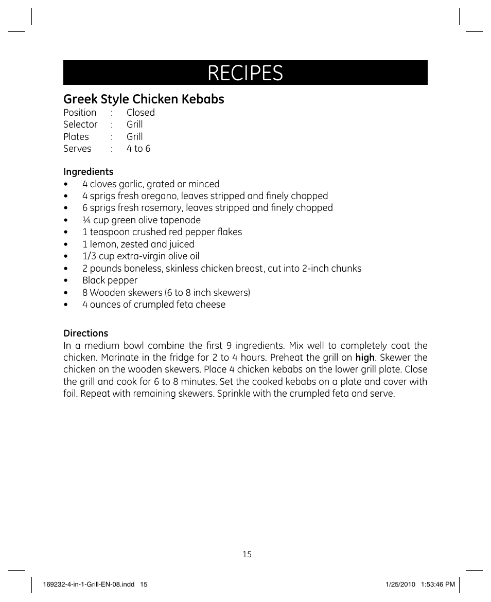 Recipes, Greek style chicken kebabs | GE 681131692328 User Manual | Page 15 / 26